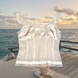 Vintage Cottage Milkmaid Ruffle Silky Shell Tank / Champagne Beiges Pink Blouse